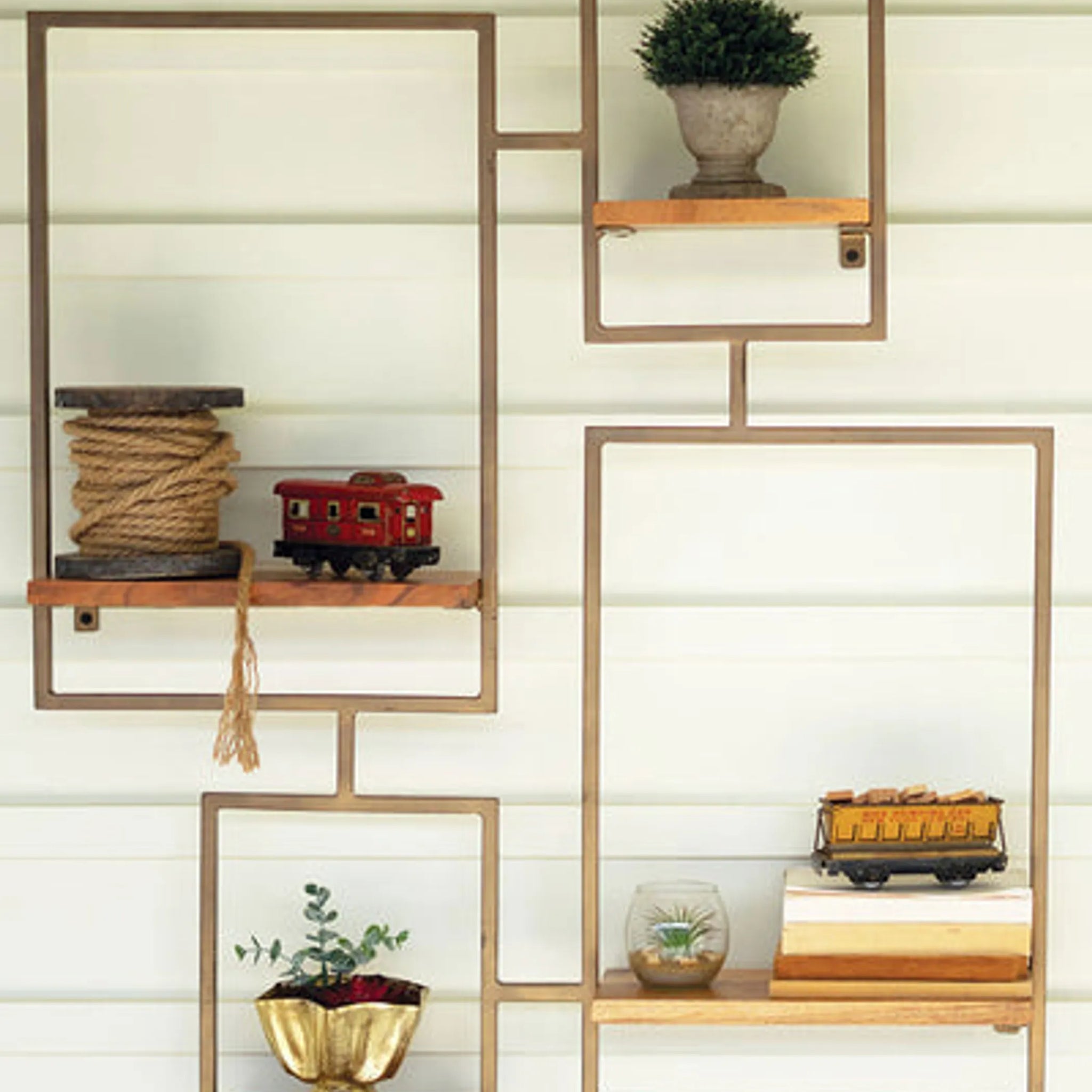 Iron And Wood Wall Unit With 4 Shelves