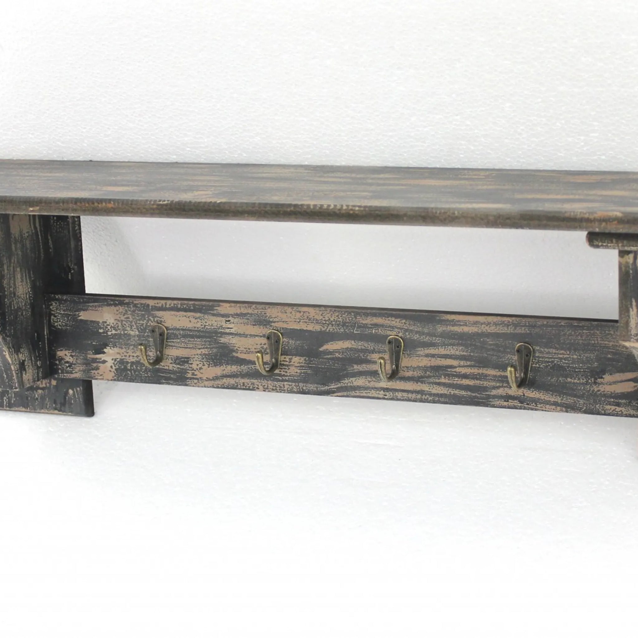 8 X 30 X 9.75 Black Vintage Wooden 4 Metal Hooks - Wall Shelf