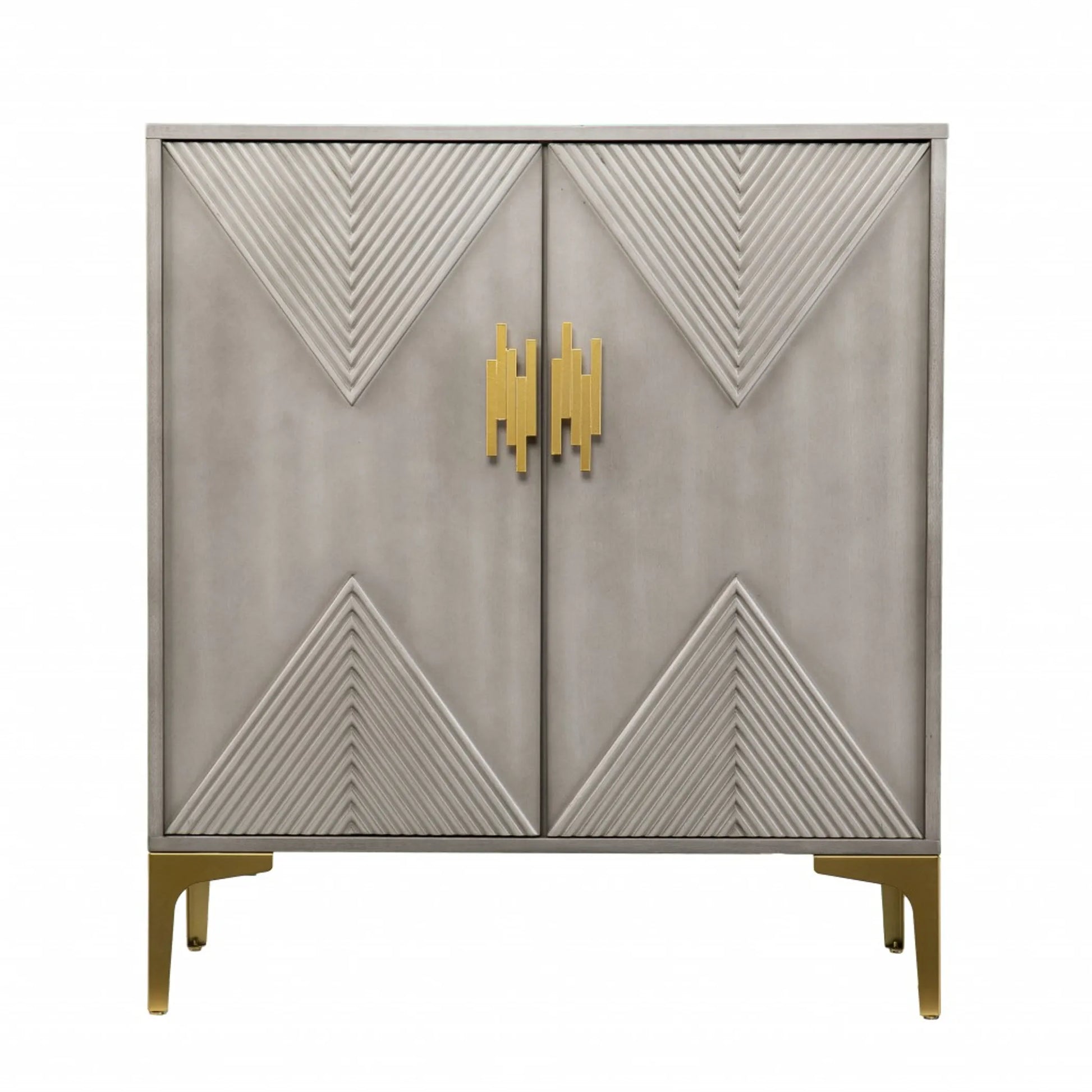Graywash Geometric Accent Cabinet with Gold Hardware – Two-Door Storage Cabinet