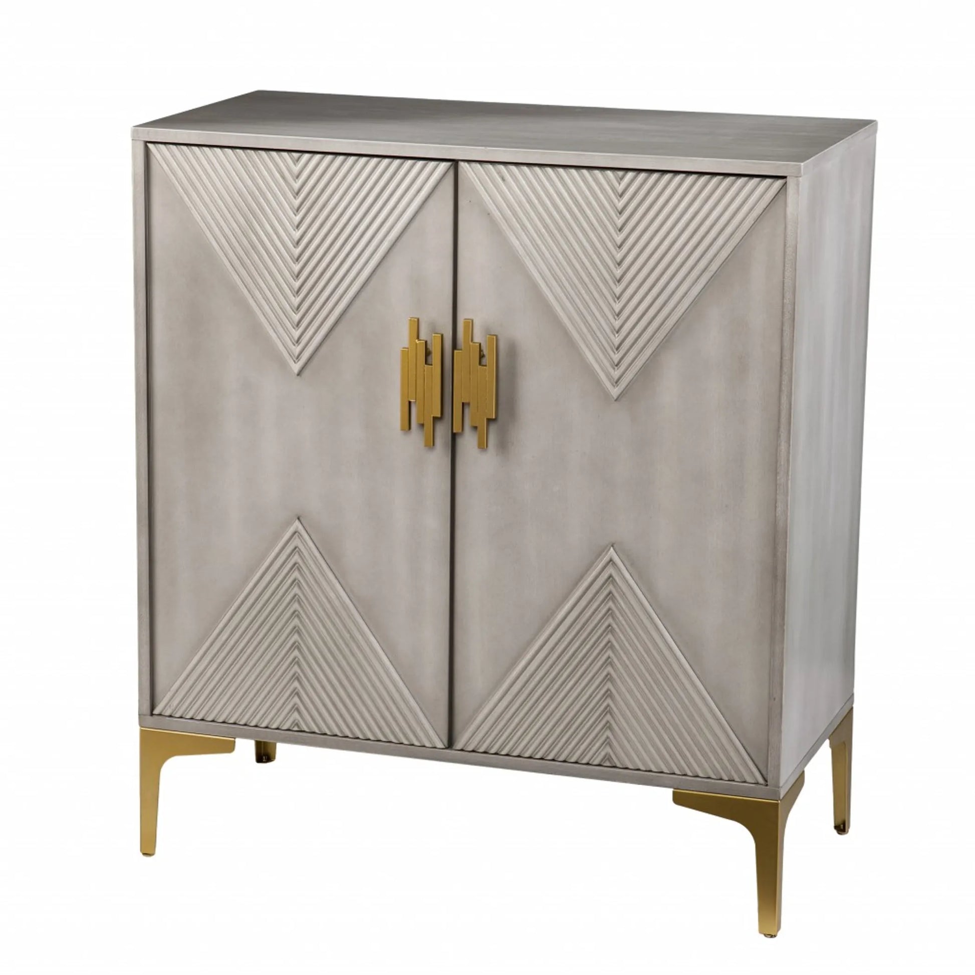 Graywash Geometric Accent Cabinet with Gold Hardware – Two-Door Storage Cabinet