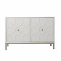 White cabinet with geometric design and gold knobs on a white background
