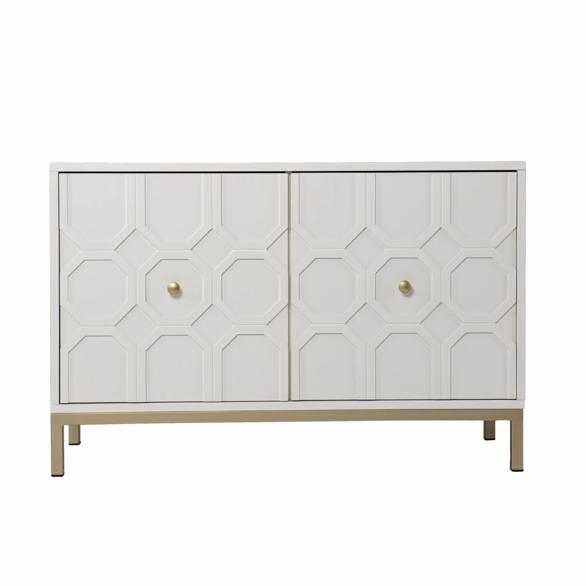 White cabinet with geometric design and gold knobs on a white background