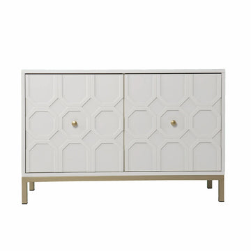 White cabinet with geometric design and gold knobs on a white background