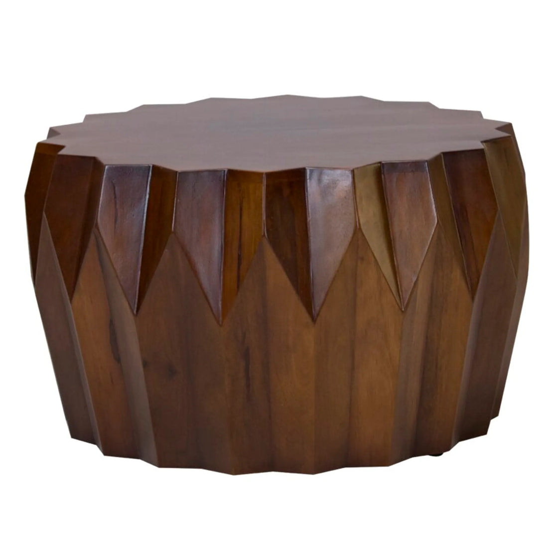 Wooden side table with geometric design on a white background