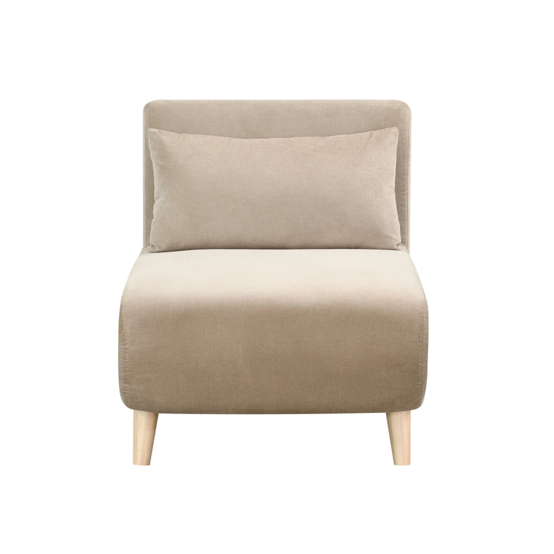 Beige upholstered convertible chair with solid wood frame and matching toss pillow, transforms into single sleeper for versatile living spaces