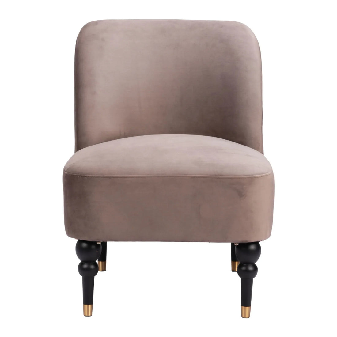 Taupe velvet side chair with black and gold legs and plush cushioning