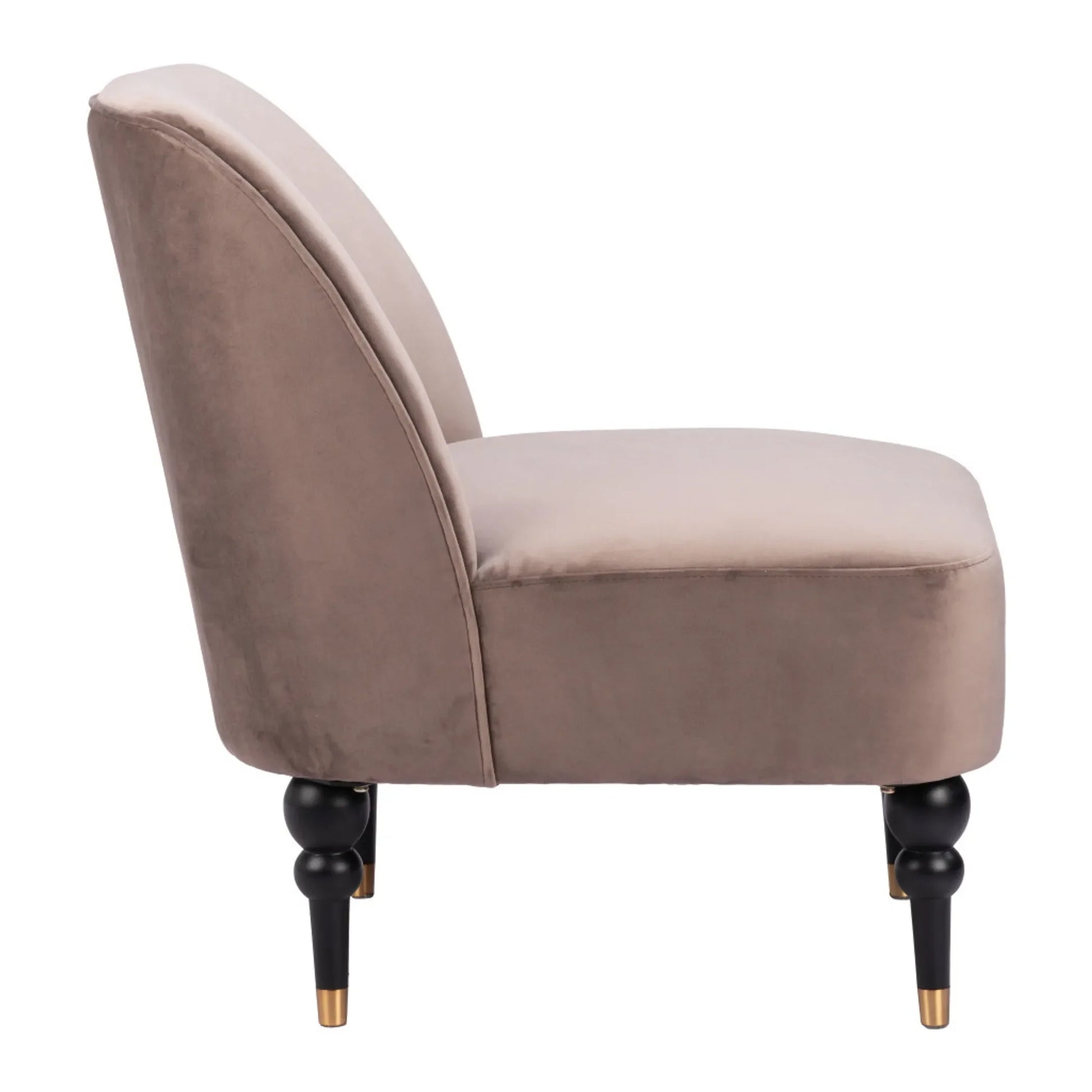 Taupe black and gold velvet side chair with plush upholstery and sleek legs for modern elegance