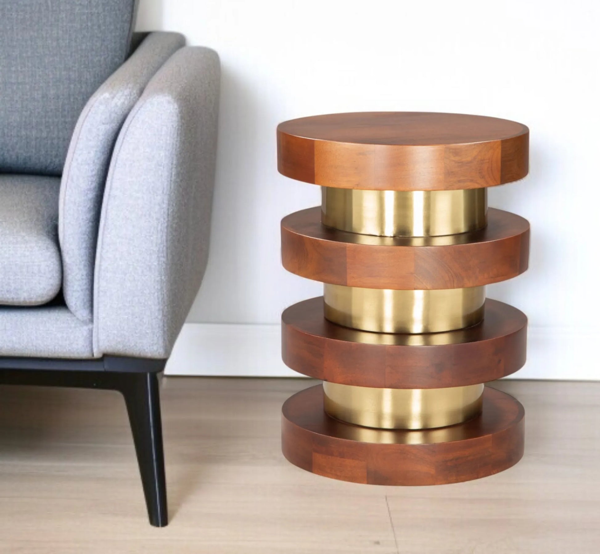 Wood and Iron Round Pedestal End Table