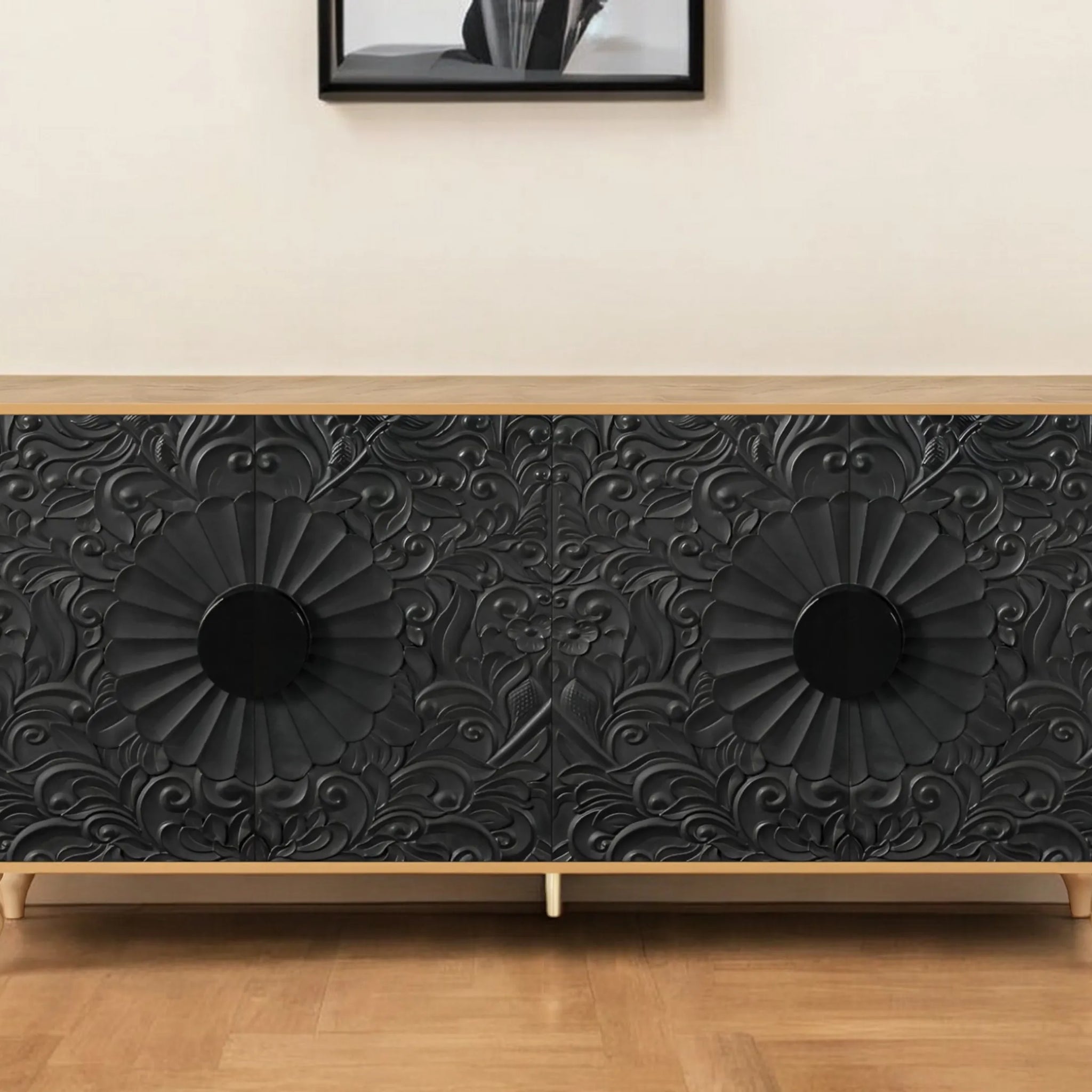 68" Natural and Black Distressed Carved Floral Sideboard with Four Doors