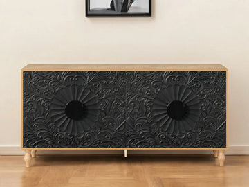 68" Natural and Black Distressed Carved Floral Sideboard with Four Doors
