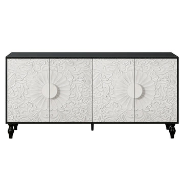 68" Black and White Distressed Carved Floral Sideboard with Four Doors