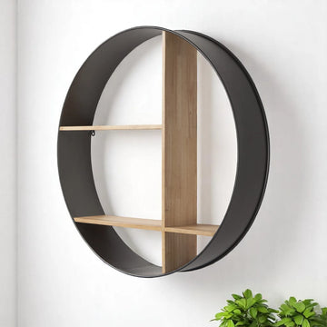36" Black And Brown Metal And Wood Circular Multi Tier Shelf