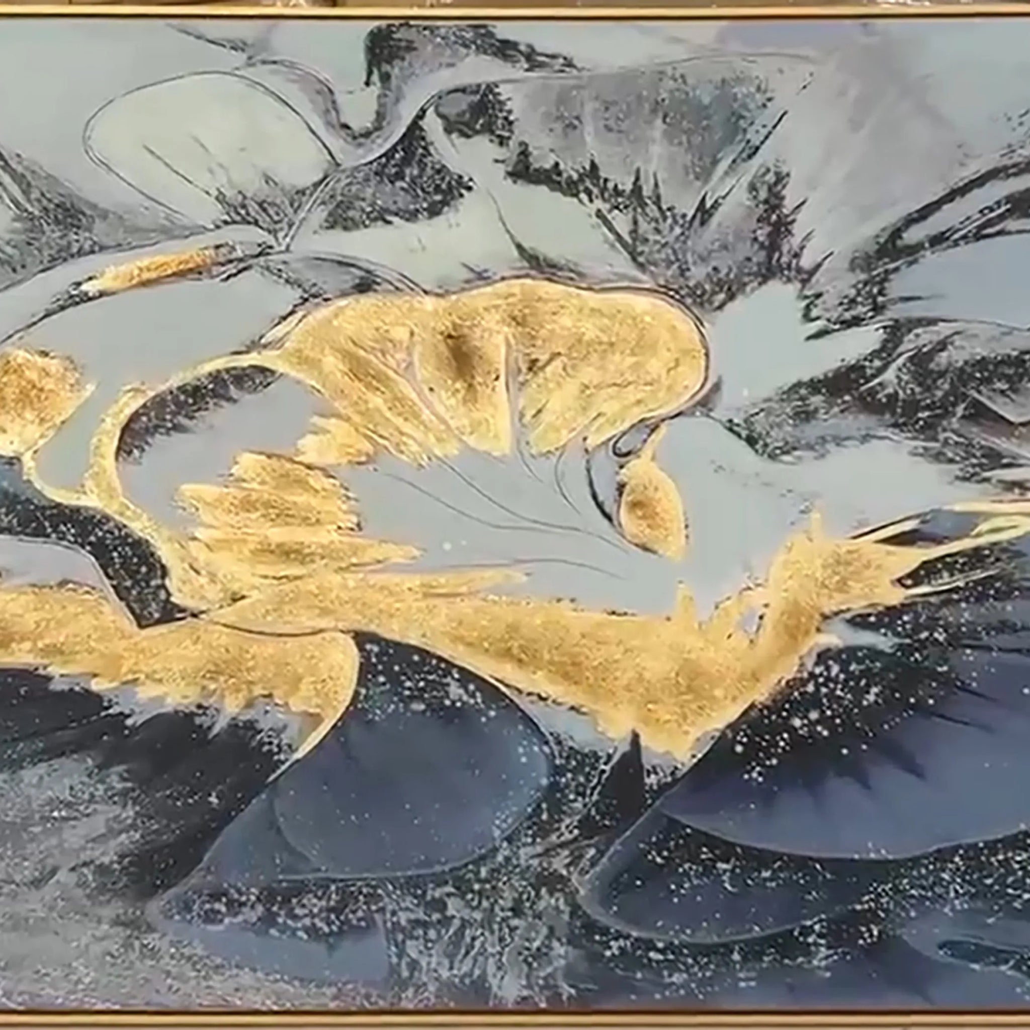 Blue and Gold Modern Abstract Gold Framed Oil Painting Wall Art