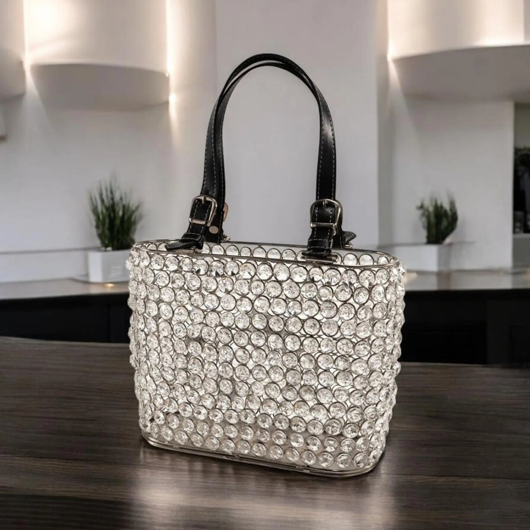 11" Clear And Silver Faux Crystal And Metal Handbag Shaped Magazine Holder