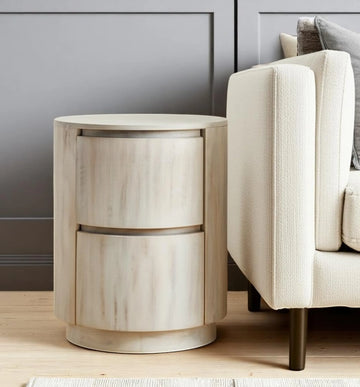 White solid wood round drum end table with two drawers and modern finish