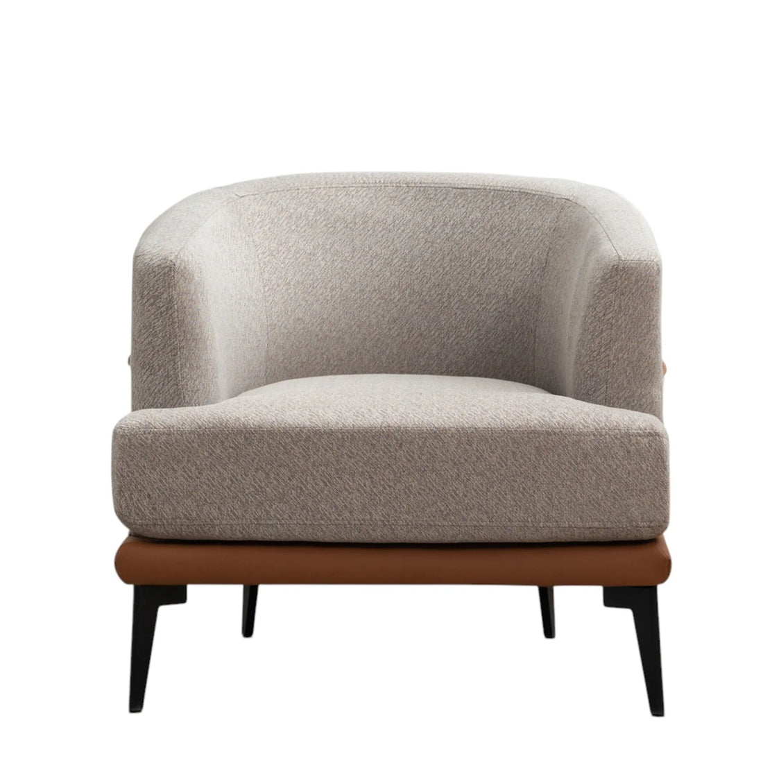 Terra cotta upholstered wood barrel chair with black linen and metal legs in modern living room