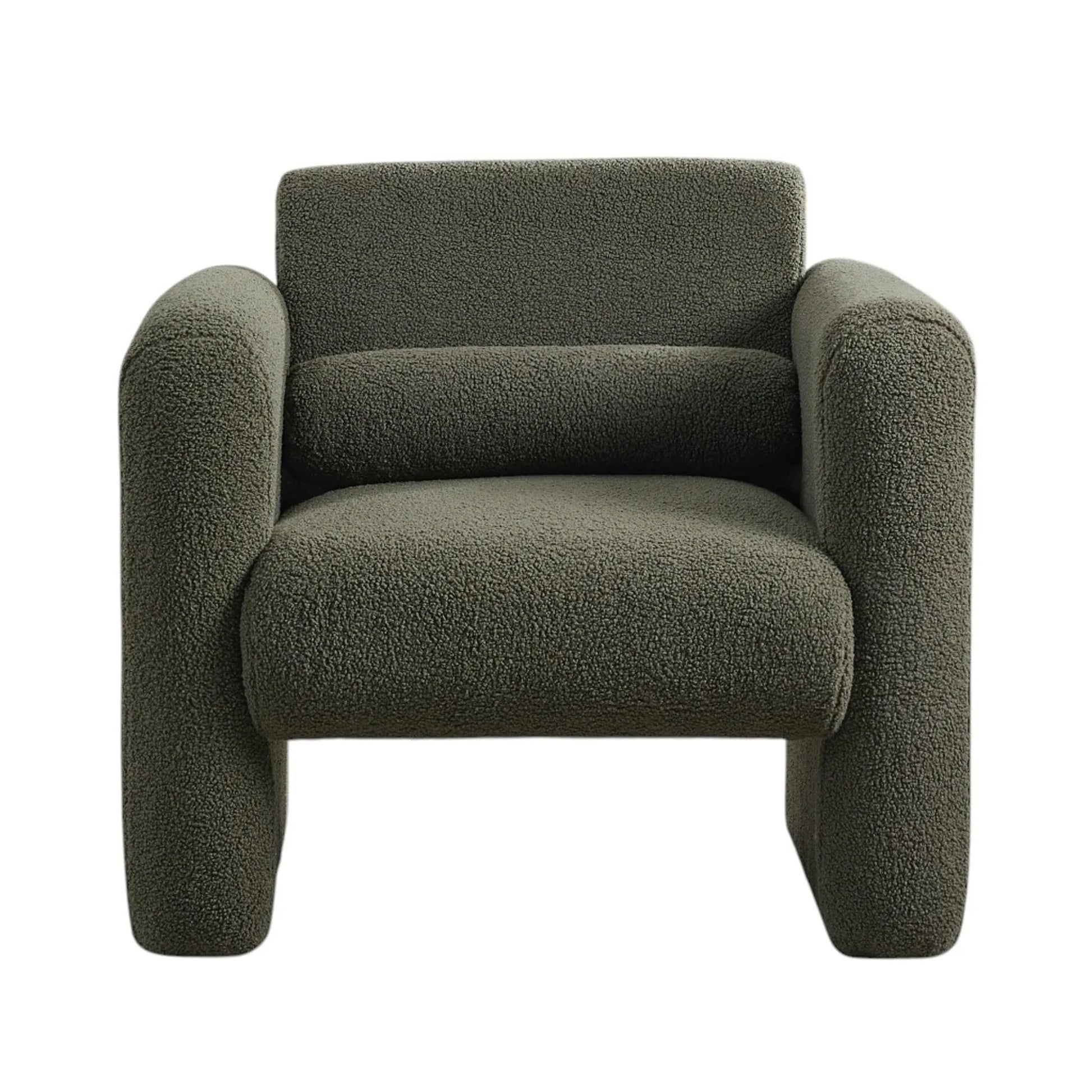 Olive green boucle upholstered arm chair with wide armrests and bolster lumbar pillow