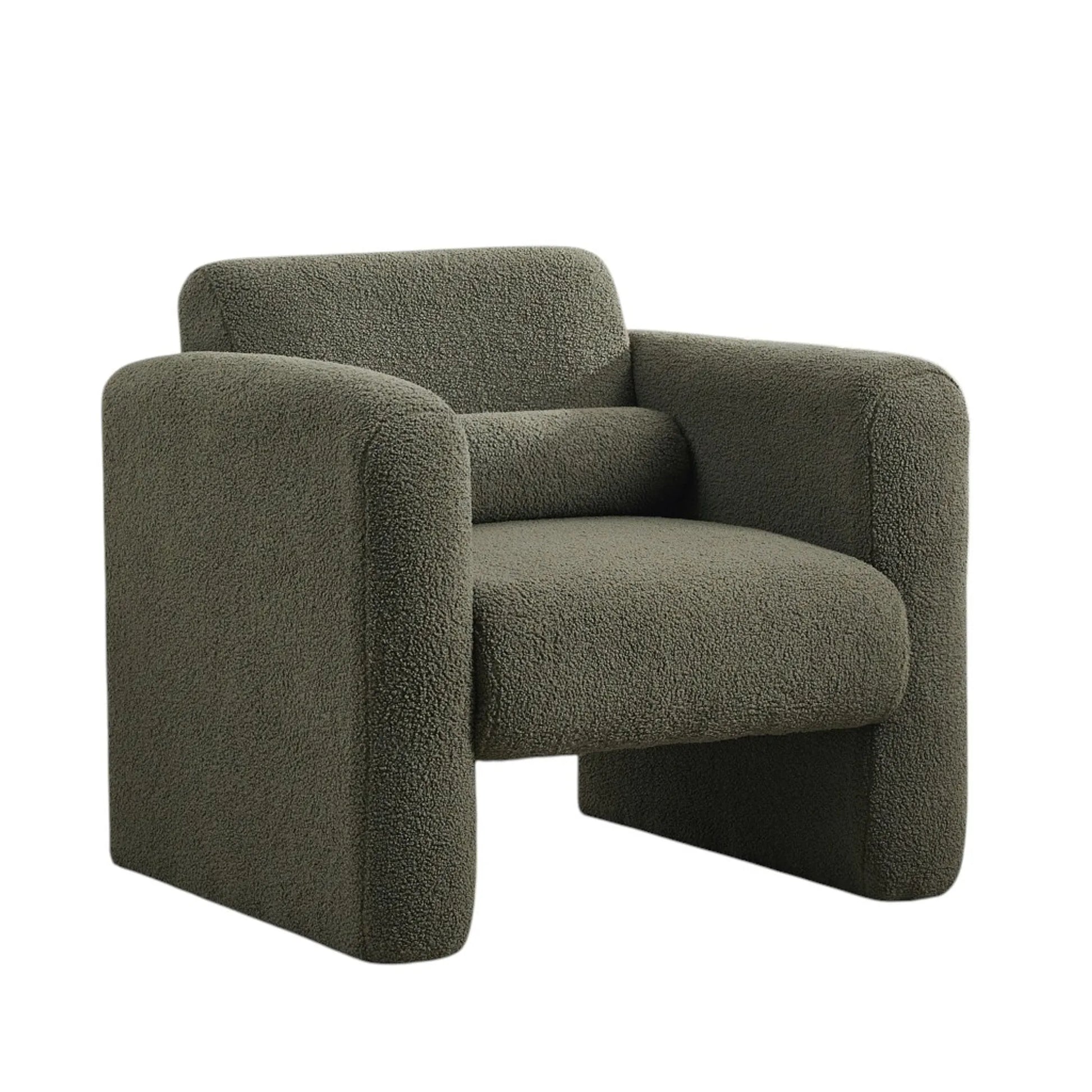 Olive green boucle upholstered arm chair with wide armrests and lumbar toss pillow in modern living room