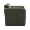 Olive green boucle upholstered arm chair with wide armrests and lumbar toss pillow