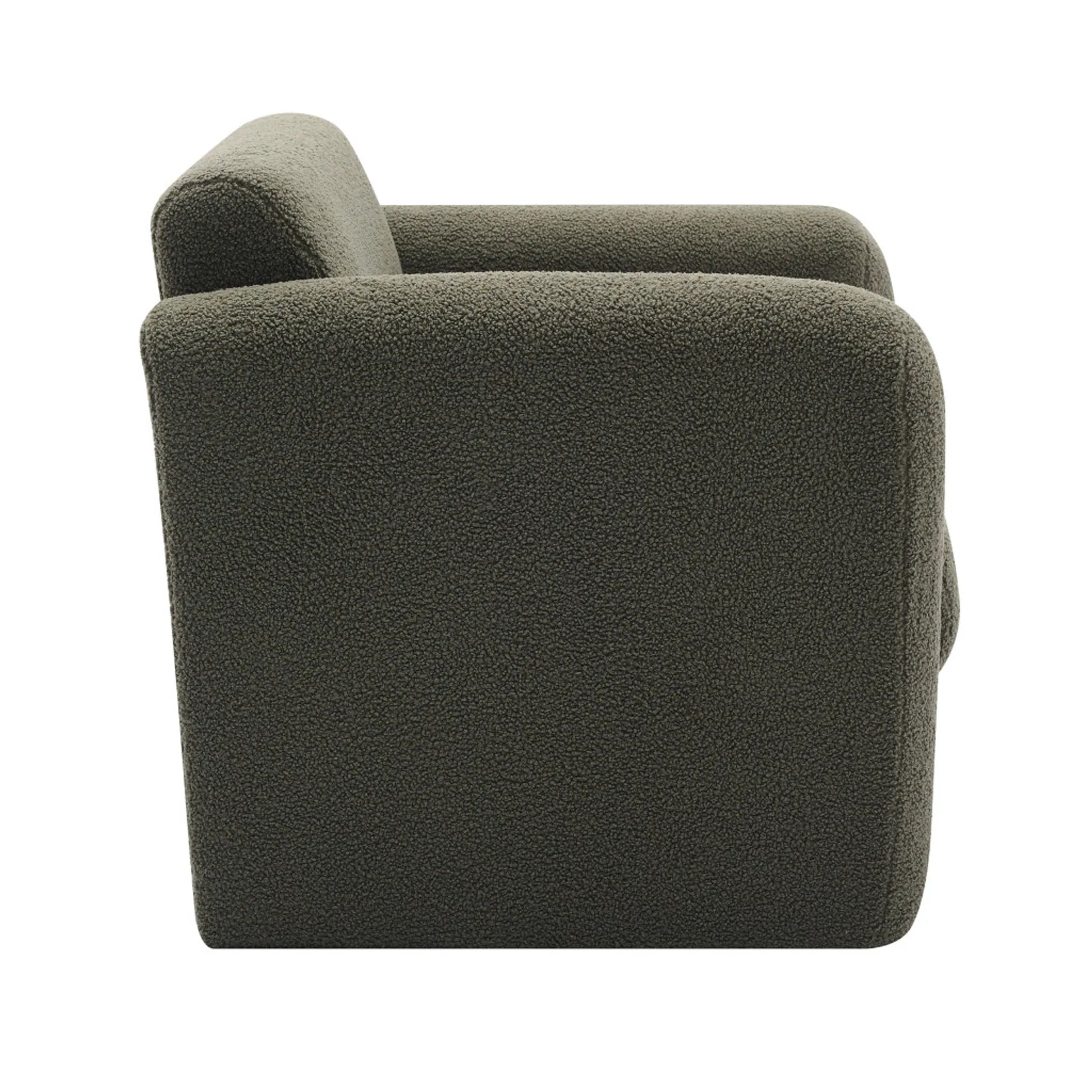 Olive green boucle upholstered arm chair with wide armrests and lumbar toss pillow