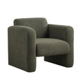 Olive green bouclé upholstered arm chair with wide armrests and bolster lumbar pillow