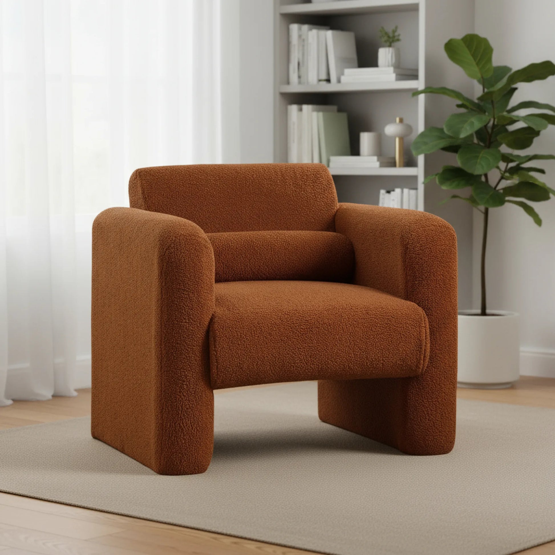 Olive green boucle upholstered arm chair with wide armrests and lumbar toss pillow