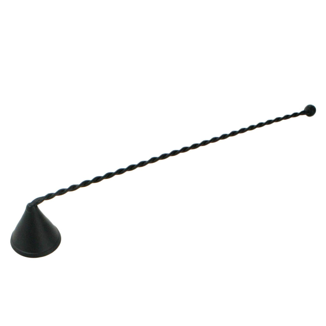 Black candle snuffer with a twisted handle on a white background