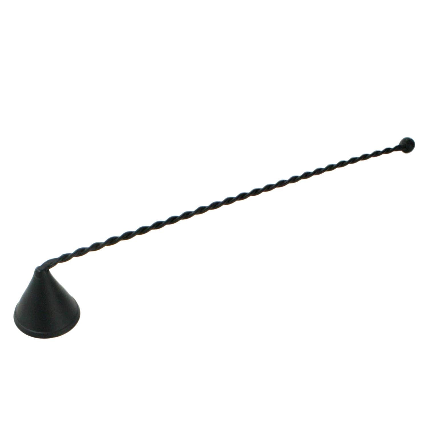 Black candle snuffer with a twisted handle on a white background