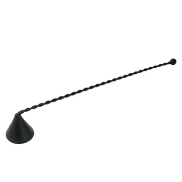 Black candle snuffer with a twisted handle on a white background