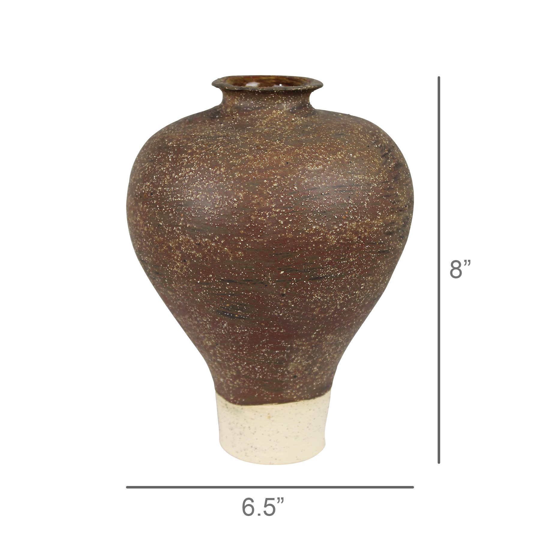 Brown ceramic vase with dimensions on a white background
