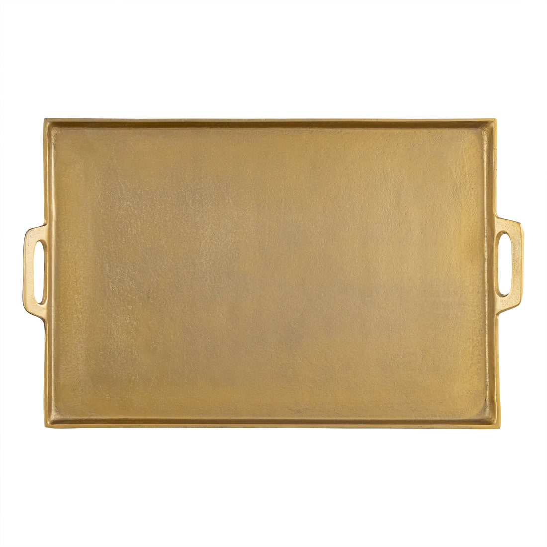 Gold rectangular tray with handles on a white background