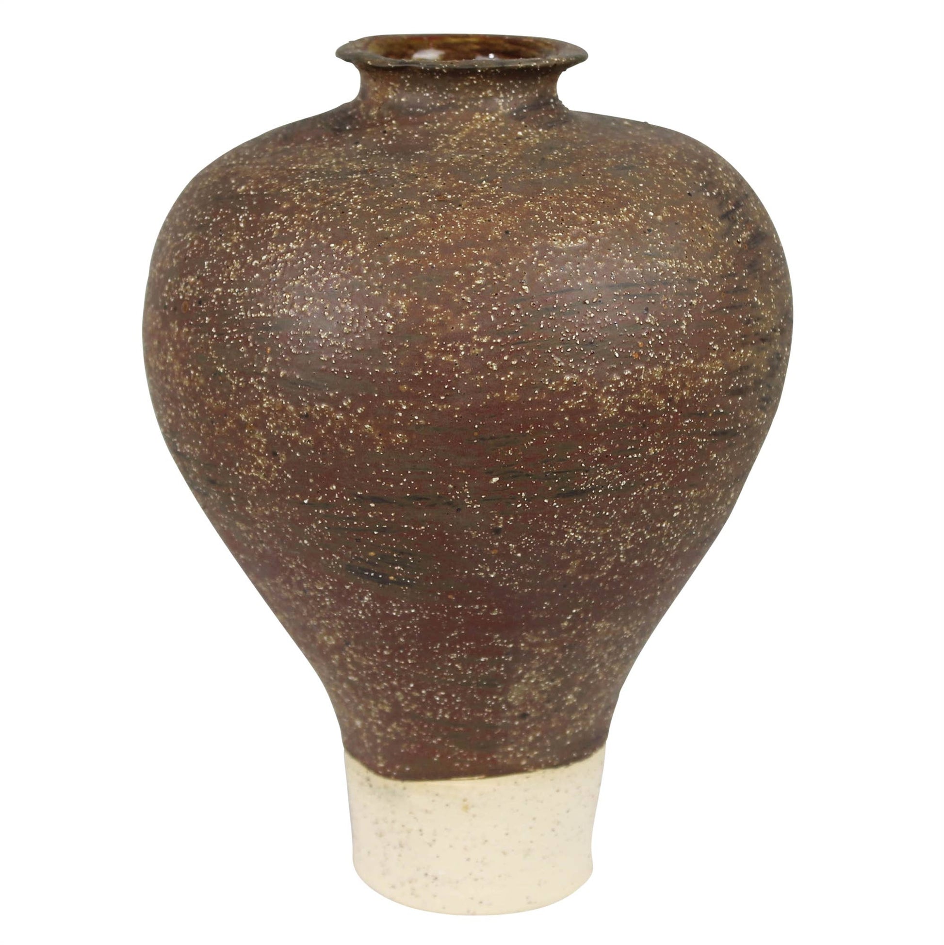 Brown ceramic vase with textured surface on a white background