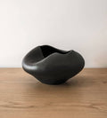 Black ceramic bowl on a wooden surface with a white background