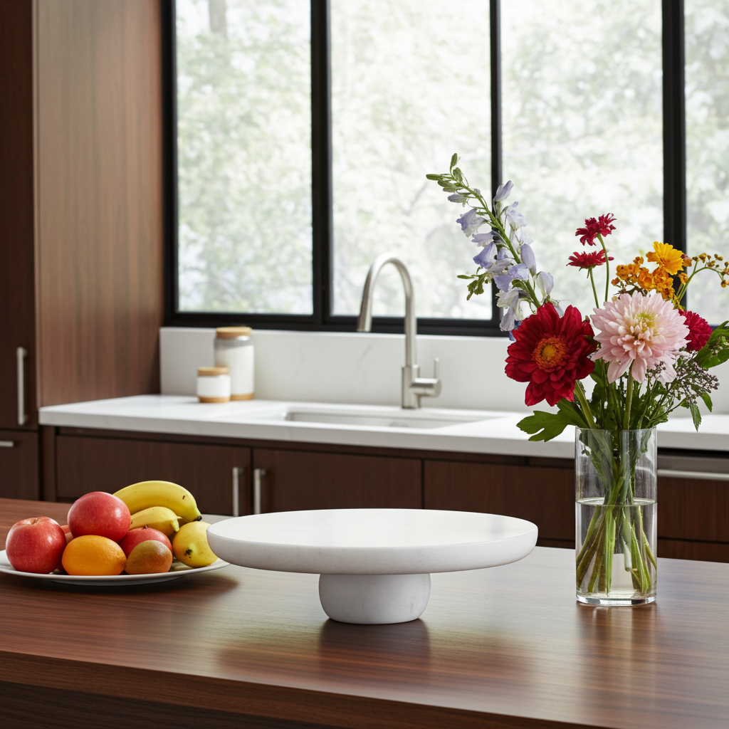 Modern kitchen with a fruit plate, white cake stand, and vase of flowers on a wooden counter.