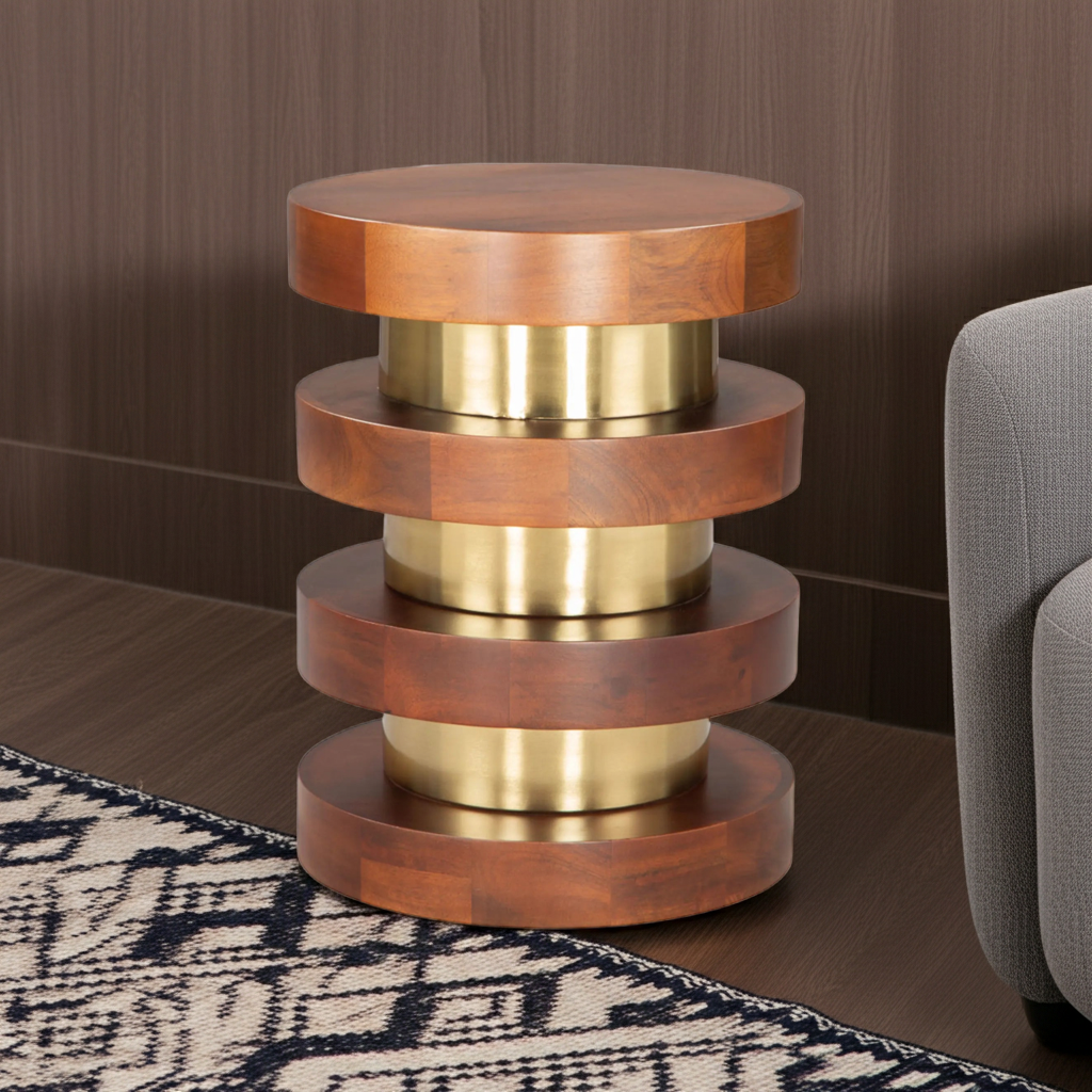 Wood and Iron Round Pedestal End Table