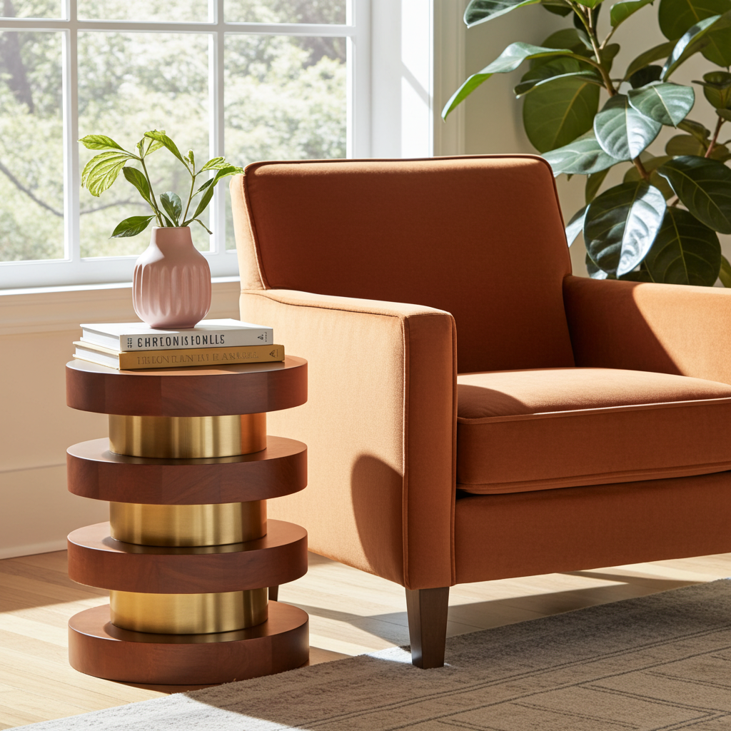 Wood and Iron Round Pedestal End Table