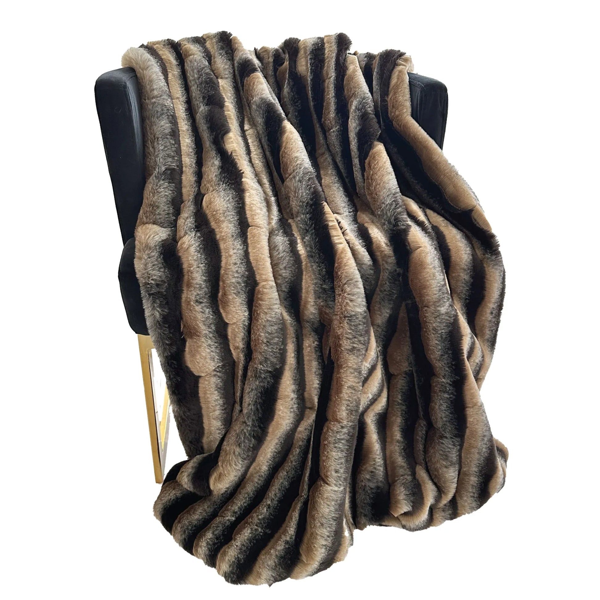 Patterned throw blanket draped over a chair on a white background