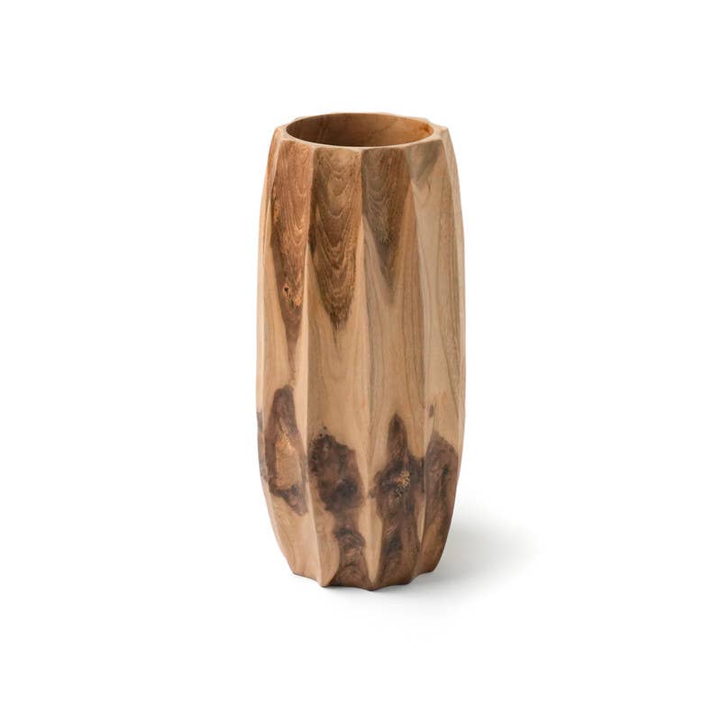 Wooden vase with geometric design on a white background