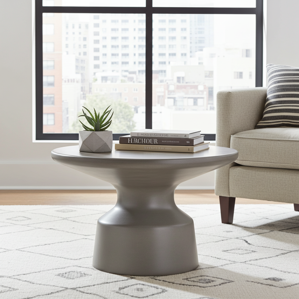 Modern gray side table with books and a plant in a living room setting.