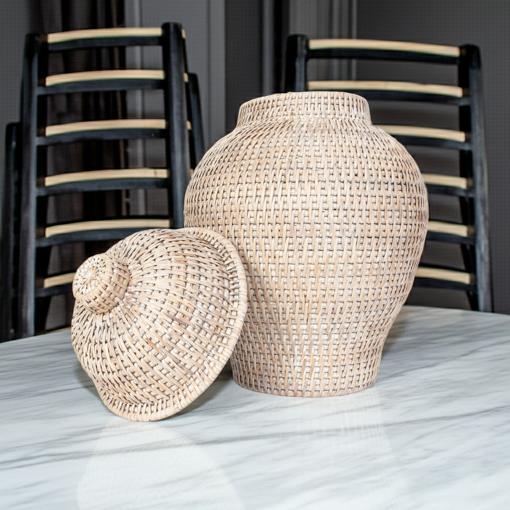 Two woven vases on a table with black chairs in the background