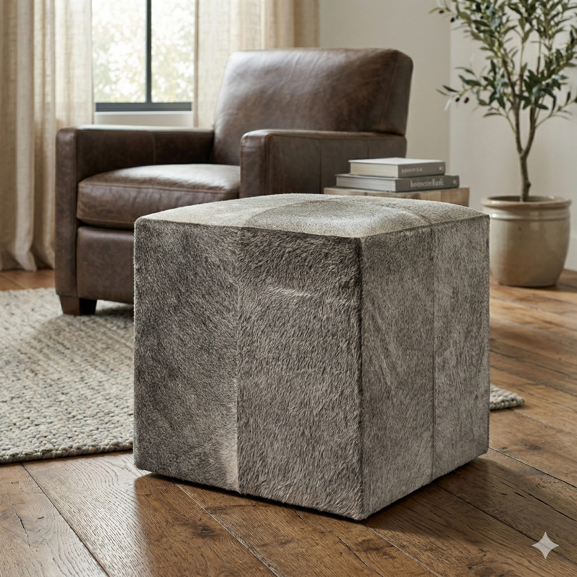 Gray textured ottoman in a living room setting with a brown armchair and books.