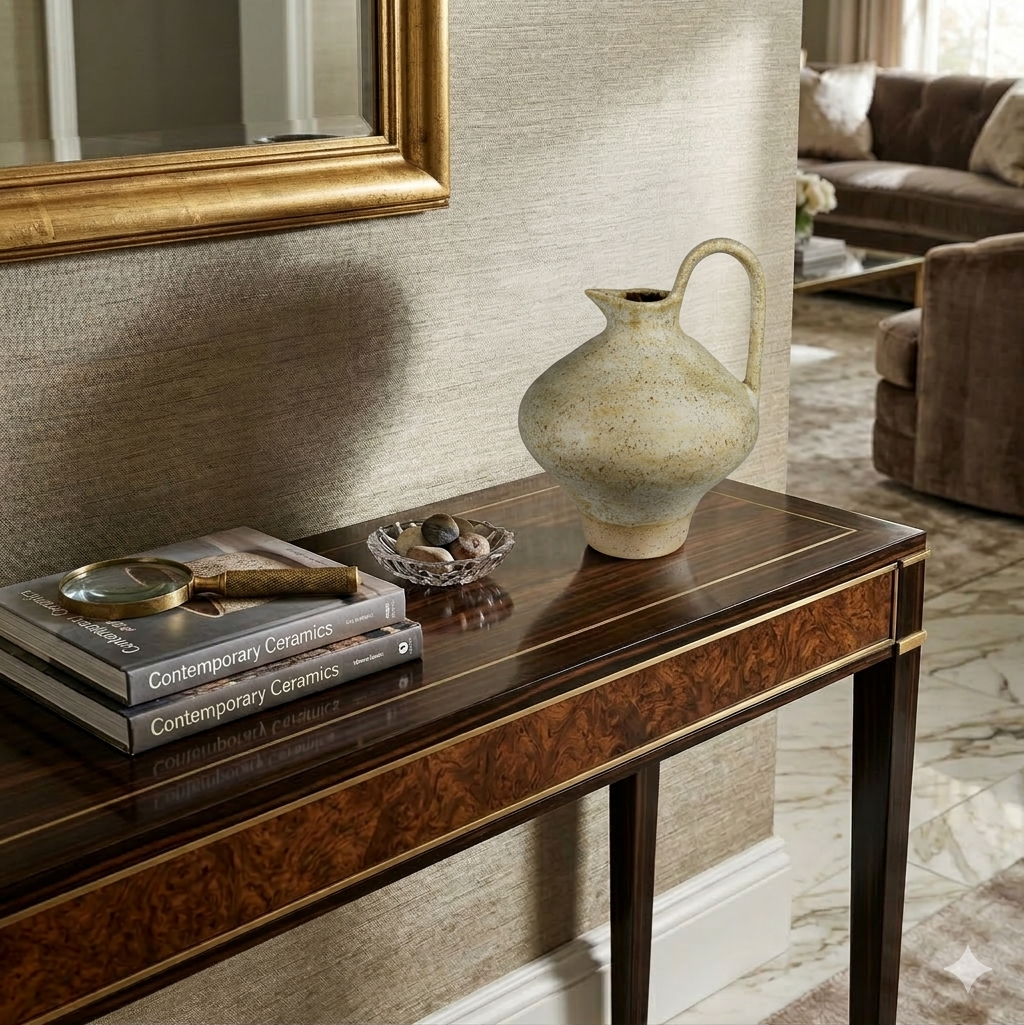 Console table with decorative items including a vase, books, and a magnifying glass in a living room setting.