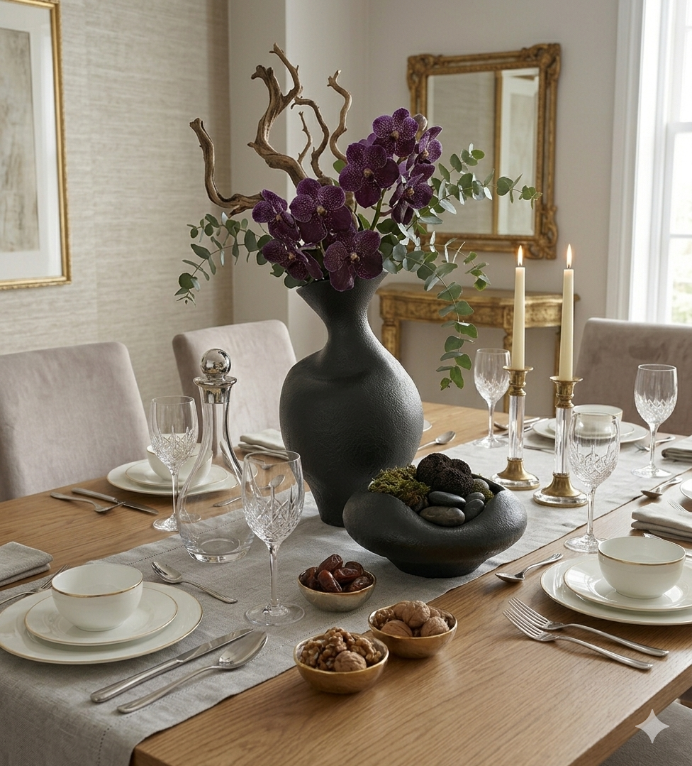 Elegant dining table setting with purple flowers in a dark vase, candles, and small dishes.