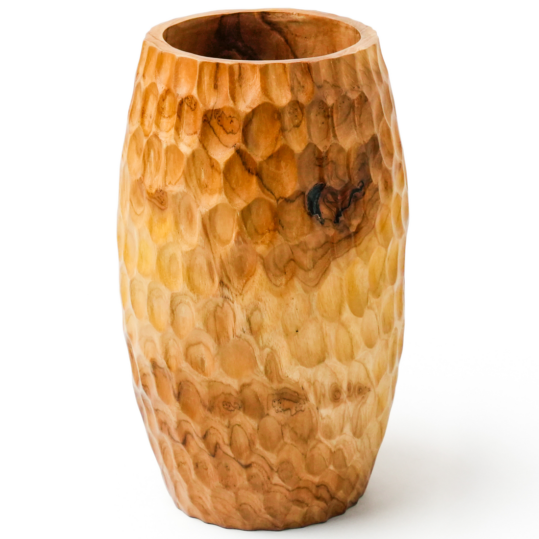Wooden vase with a textured surface on a white background