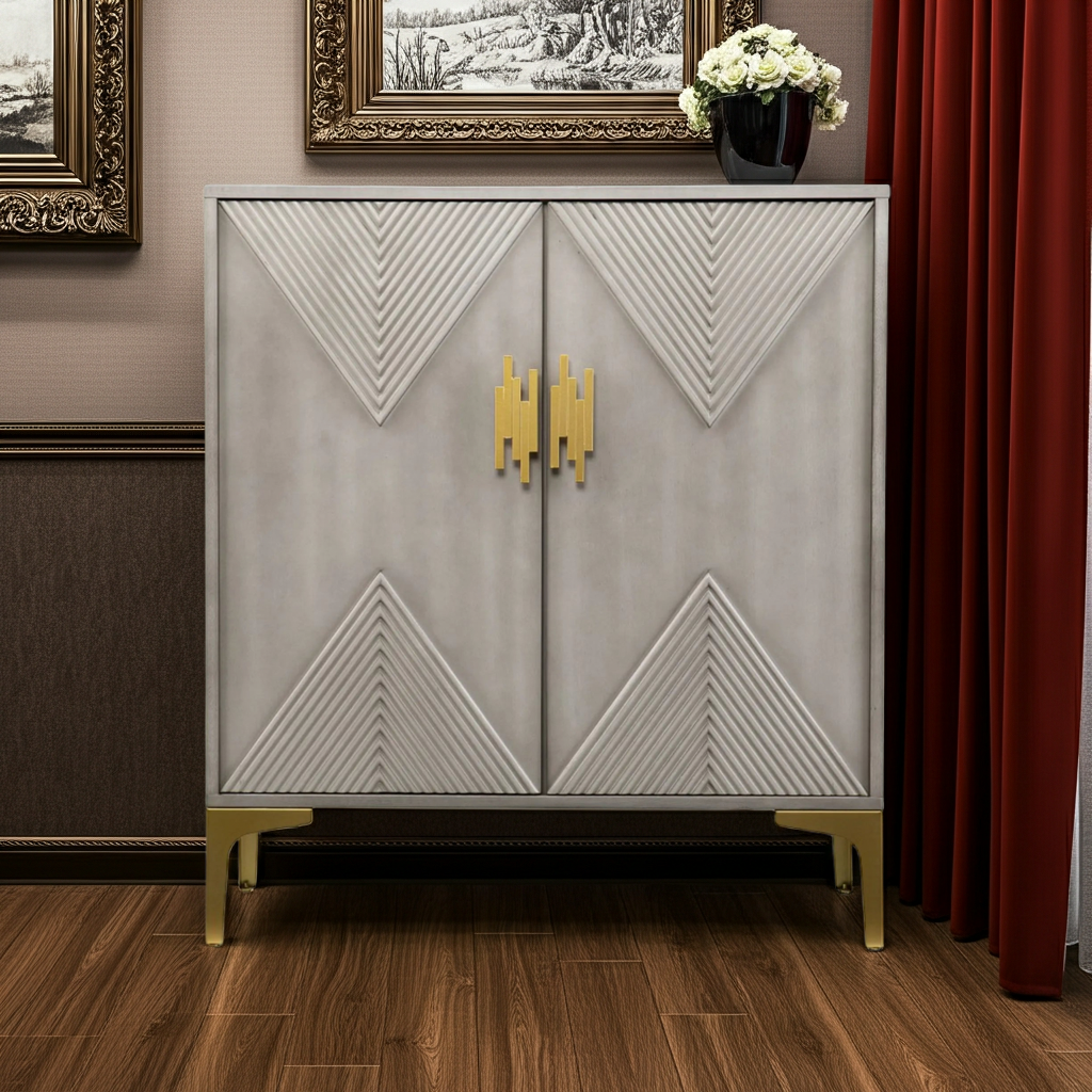 Graywash Geometric Accent Cabinet with Gold Hardware – Two-Door Storage Cabinet
