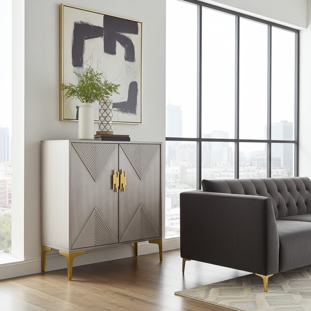 Graywash Geometric Accent Cabinet with Gold Hardware – Two-Door Storage Cabinet