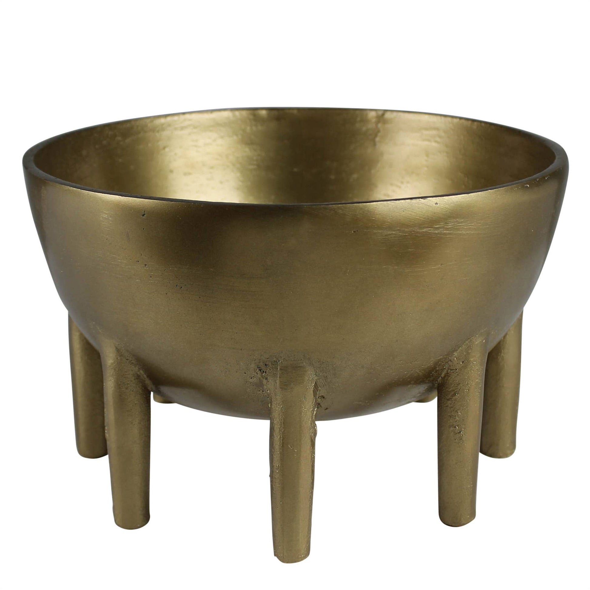 Gold metallic bowl with legs on a white background