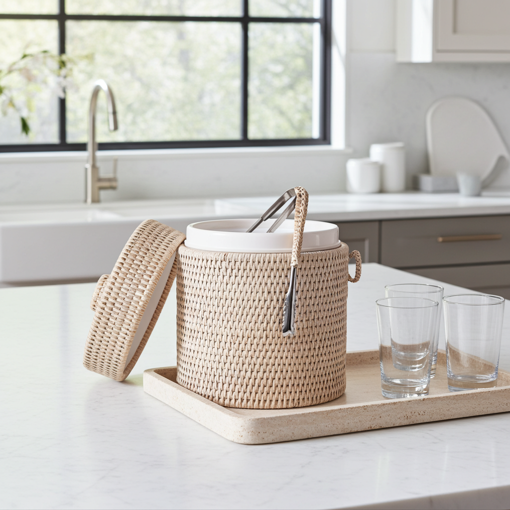 Woven basket with a lid on a kitchen counter with glasses
