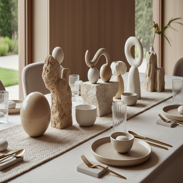 DECORATED DINNING TABLE WITH SCULTURED OBJECT AND NEUTRAL COLORS