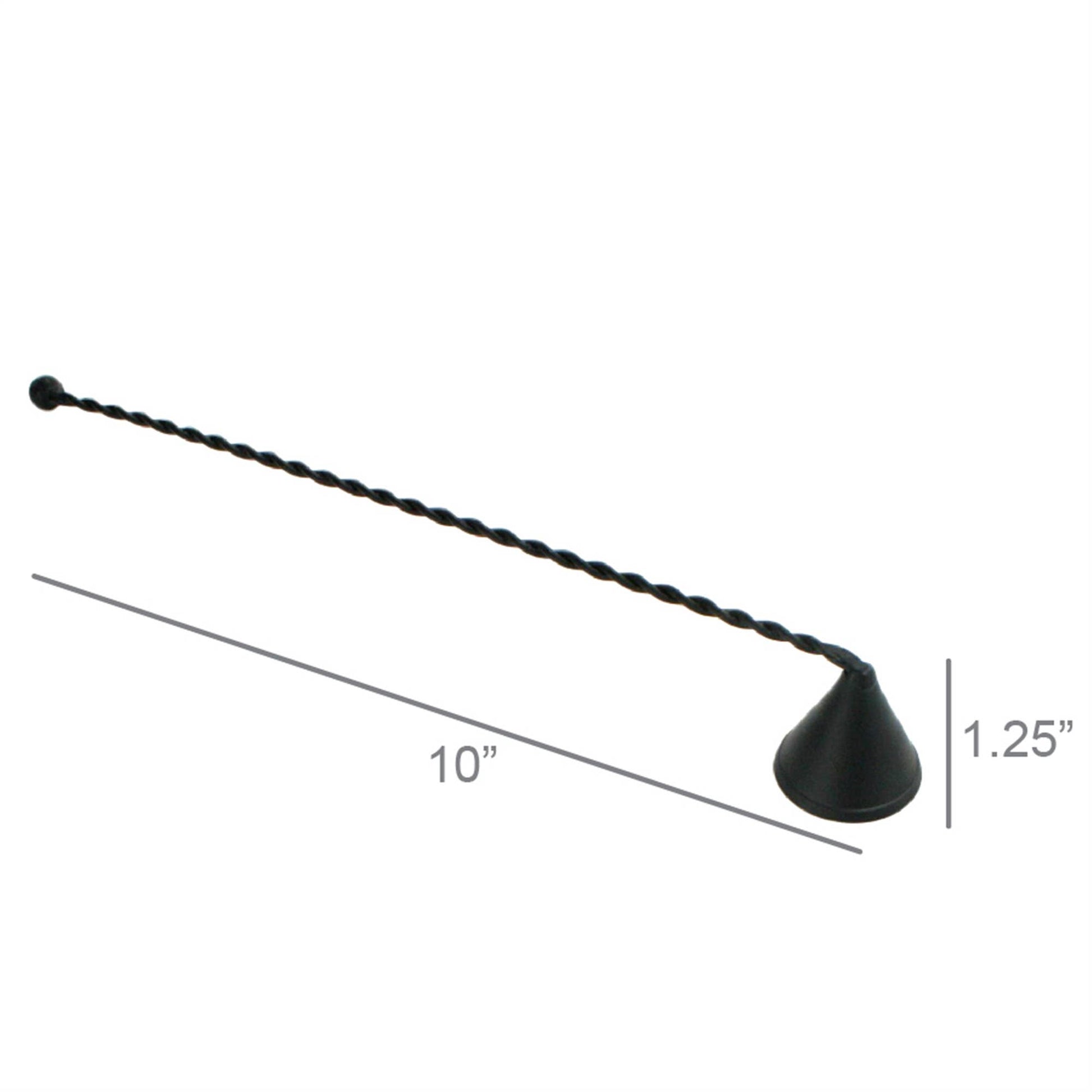 Black twisted rod with measurements on a white background